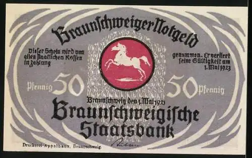 Notgeld Braunschweig 1923, 50 Pfennig, Eulenspiegel als Liebhaber und Braunschweigische Staatsbank