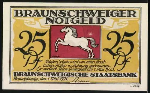 Notgeld Braunschweig 1921, 25 Pfennig, humoristisches Motiv mit Till Eulenspiegel und Eulen