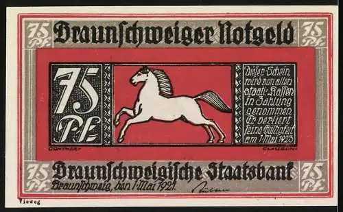 Notgeld Braunschweig 1921, 75 Pf, Darstellung einer Frau und eines Mannes mit Warenkorb, Pferd-Emblem