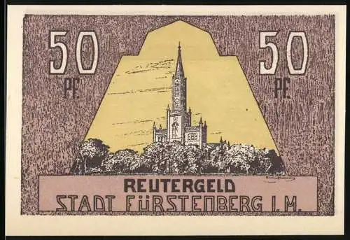 Notgeld Fürstenberg i. M., 1922, 50 Pf, Reutergeld mit Stadtansicht und Landschaftsszene