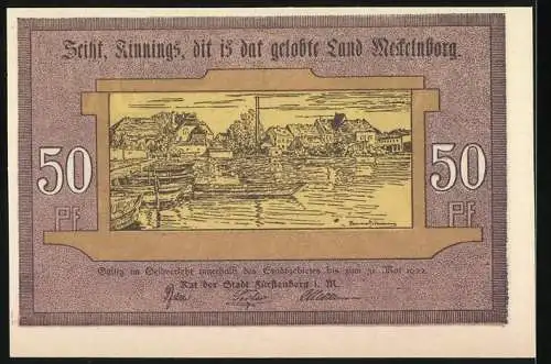 Notgeld Fürstenberg i. M., 1922, 50 Pf, Reutergeld mit Stadtansicht und Landschaftsszene