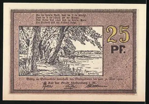 Notgeld Fürstenberg 1922, 25 Pf, Stadtansicht und Landschaft mit Fluss