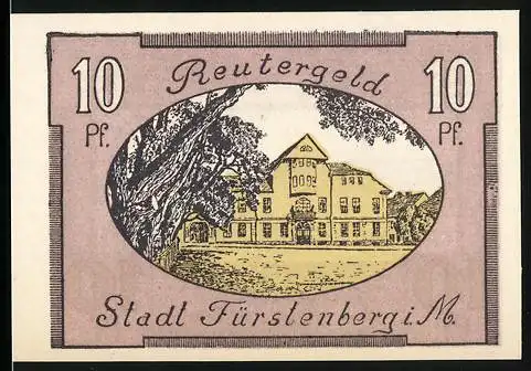 Notgeld Fürstenberg i.M., 1922, 10 Pf, Reutergeld mit Gebäude und Stadtansicht