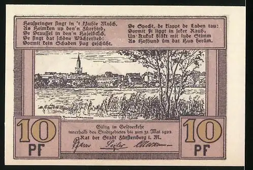 Notgeld Fürstenberg i.M., 1922, 10 Pf, Reutergeld mit Gebäude und Stadtansicht