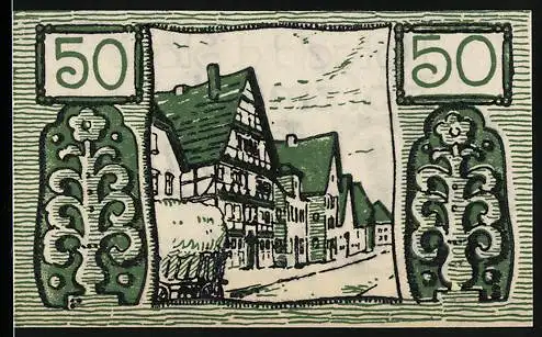 Notgeld Holzminden, 1922, 50 Pfennig, Fachwerkhäuser und Verzierung, gültig bis 1. Mai 1922