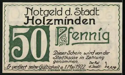 Notgeld Holzminden, 1922, 50 Pfennig, Fachwerkhäuser und Verzierung, gültig bis 1. Mai 1922