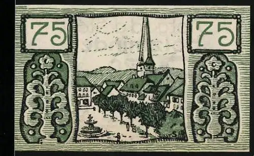 Notgeld Holzminden, 1922, 75 Pfennig, Stadtansicht mit Kirche und Bäumen, gültig bis 1. Mai 1922