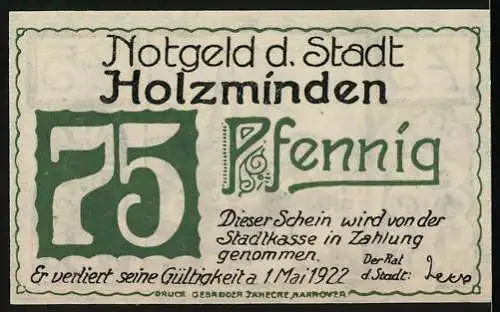 Notgeld Holzminden, 1922, 75 Pfennig, Stadtansicht mit Kirche und Bäumen, gültig bis 1. Mai 1922