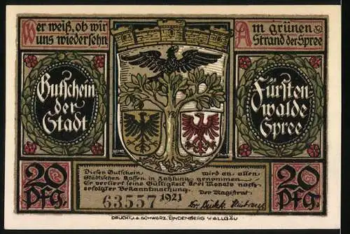 Notgeld Fürstenwalde, 1921, 20 Pfennig, Verleihung des Stadtrechtes und Stadtwappen, Gutschein der Stadt