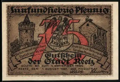 Notgeld Reetz 1921, 75 Pfennig, Gutschein der Stadt Reetz mit historischem Stadtwappen und Szene aus 1848