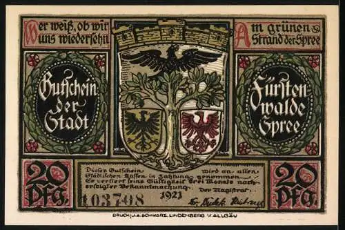 Notgeld Fürstenwalde 1921, 20 Pfennig, Stadtwappen und Gründungsurkunde Verkündung