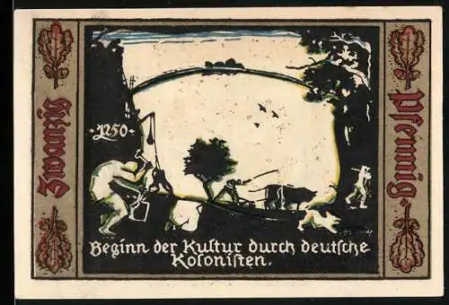 Notgeld Fürstenwalde Spree 1921, 20 Pfennig, Beginn der Kultur durch deutsche Kolonisten und Wappen der Stadt