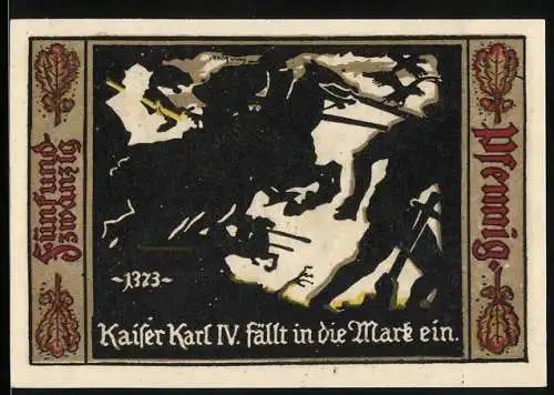 Notgeld Fürstenwalde, 1921, 25 Pfennig, Kaiser Karl IV. fällt in die Mark ein, Gutschein der Stadt