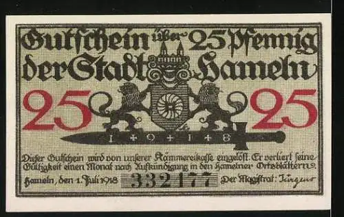 Notgeld Hameln, 1918, 25 Pfennig, Rattenfänger und Wappen mit zwei Löwen