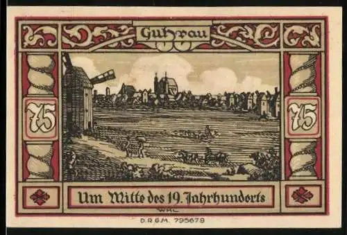 Notgeld Guhrau, 19. Jahrhundert, 75 Pfennig, Landschaft mit Windmühle und mittelalterliche Stadtansicht