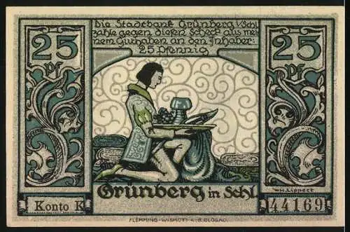 Notgeld Grünberg, 25 Pfennig, Silhouette von betrunkenem Mann und Inschrift Obst- und Weinstadt Grünberg