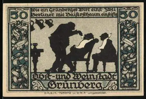 Notgeld Grünberg, 50 Pfennig, Bier servierender Wirt und Stadtwappen, Seriennummer 394299