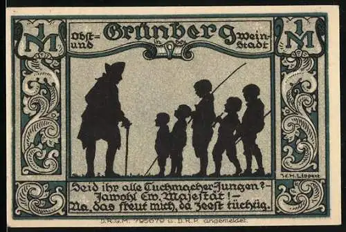 Notgeld Grünberg in Schlesien, 1921, 1 Mark, Silhouette eines Mannes mit Kindern und kniender Mann mit einem Tablett