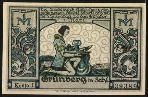 Notgeld Grünberg in Schlesien, 1921, 1 Mark, Silhouette eines Mannes mit Kindern und kniender Mann mit einem Tablett