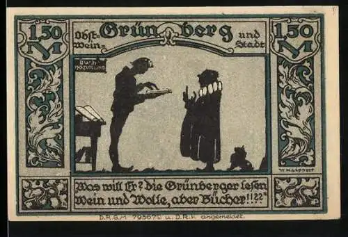 Notgeld Grünberg 1921, 1.50 Mark, stilisierte Figuren und Verzierungen, Stadtbank Grünberg