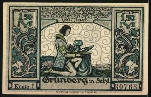 Notgeld Grünberg 1921, 1.50 Mark, stilisierte Figuren und Verzierungen, Stadtbank Grünberg