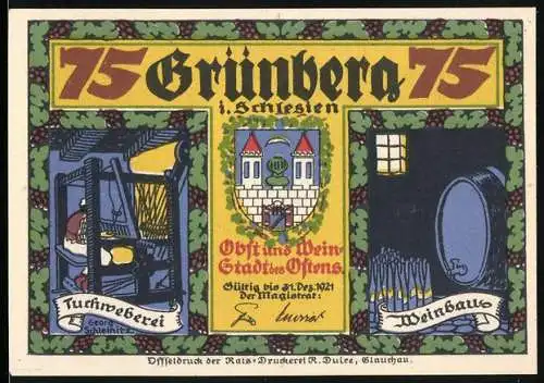 Notgeld Grünberg i. Schlesien 1921, 75 Pfennig, Obst- und Weinbau, Teufelsdarstellung auf Rückseite