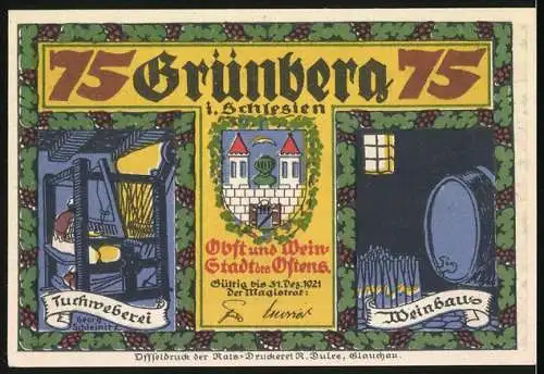 Notgeld Grünberg 1921, 75 Pfennig, Obst und Wein Stadt des Ostens, Seidenweberei und Weinausbau