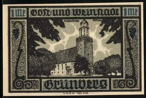 Notgeld Grünberg, 1 Mark, Stadtkirche und Stadtbank-Kontodaten