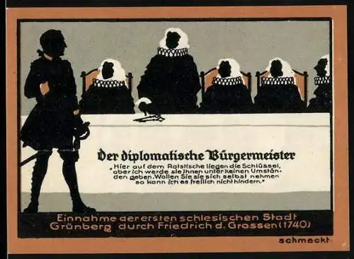 Notgeld Grünberg (1922), 50 Pfennig, Der diplomatische Bürgermeister und Sitzung des Magistrats