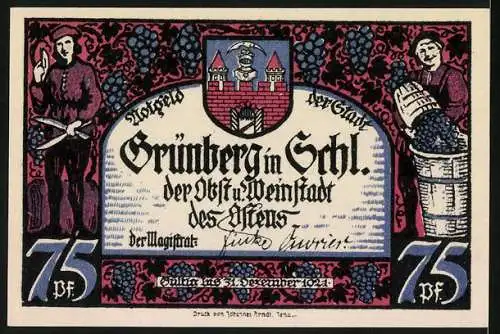 Notgeld Grünberg in Schl., 1921, 75 Pf., Szene unter einem Baum und Stadtwappen mit Weinlese