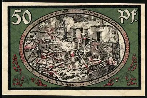 Notgeld Wasungen, 1921, 50 Pf, Zerstörte Stadtansicht