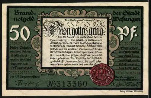 Notgeld Wasungen, 1921, 50 Pf, Zerstörte Stadtansicht