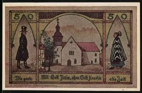 Notgeld Wasserleben, 1921, 50 Pfennig, Kirche und traditionelle Kleidung, Gutschein der Gemeinde