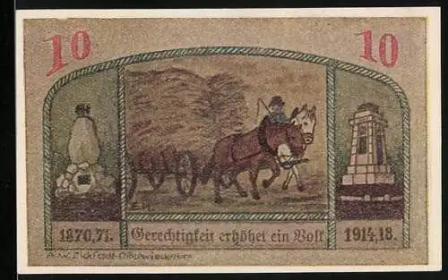 Notgeld Wasserleben, 10 Pfennig, Bauern mit Ochsen und Kriegerdenkmäler, Gerechtigkeit Spruch