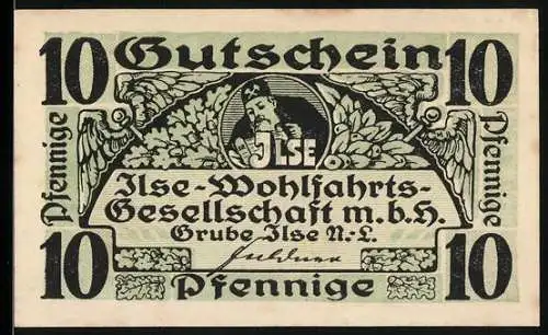 Notgeld Grube Ilse N.-L., 10 Pfennige, Gutschein der Ilse-Wohlfahrtsgesellschaft m.b.H. mit Eichenlaubmotiv