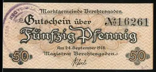 Notgeld Berchtesgaden, 1918, 50 Pfennig, Gutschein über Fünfzig Pfennig, Landschaft mit Kirche und Berg