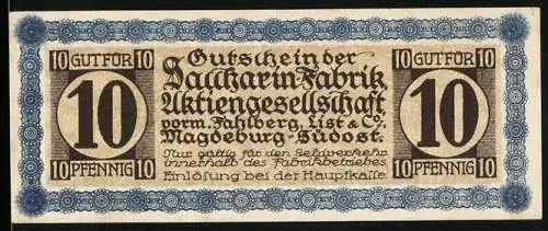 Notgeld Magdeburg, 10 Pfennig, Saccharinfabrik Aktiengesellschaft vorm. Fahlberg, List & Co. Magdeburg-Südost