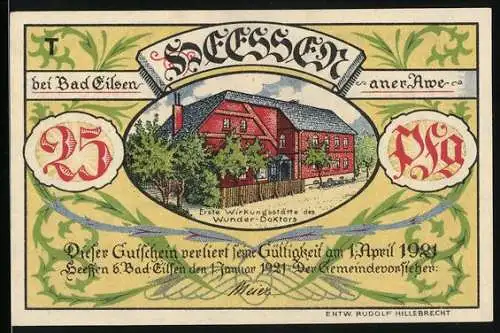 Notgeld Heessen bei Bad Eilsen, 1921, 25 Pfennig, erste Wirkungsstätte des Wunder-Doktors, H. Voigt Abbildung