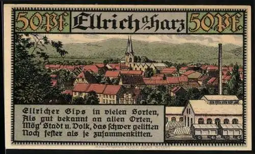 Notgeld Ellrich am Harz, 1921, 50 Pf, Stadtansicht und Wappen, Druck: Karl Koch, Nordhausen