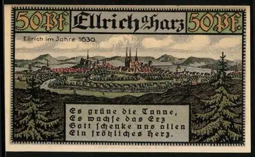 Notgeld Ellrich 1921, 50 Pf, Stadtansicht mit Spruch und Wappen mit Text auf Rückseite