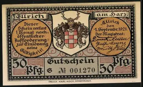 Notgeld Ellrich 1921, 50 Pf, Stadtansicht mit Spruch und Wappen mit Text auf Rückseite