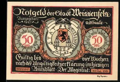 Notgeld Weissenfels 1921, 50 Pfennig, Stadtwappen und historische Szenen mit Sprüchen