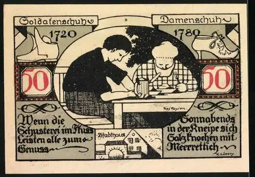 Notgeld Weissenfels 1921, 50 Pfennig, Stadtwappen und historische Szenen mit Sprüchen