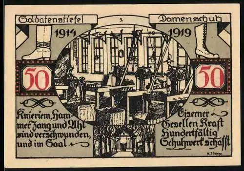 Notgeld Weissenfels 1921, 50 Pfennig, Darstellung von Goldstiefeln und Damenschuhen, Stadtwappen mit Löwe und Kirche