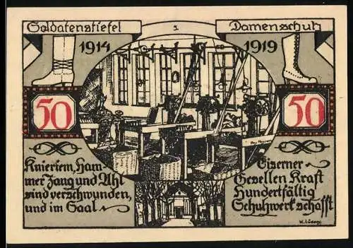 Notgeld Weissenfels 1921, 50 Pfennig, Gültig bis vier Wochen nach der Ungültigkeitserklärung, Schuhwirtschaft