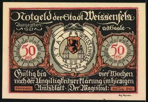 Notgeld Weissenfels 1921, 50 Pfennig, Gültig bis vier Wochen nach der Ungültigkeitserklärung, Schuhwirtschaft