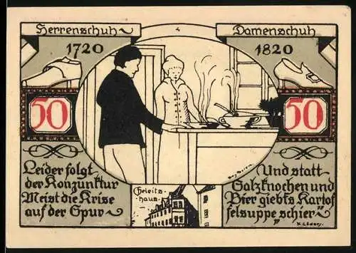 Notgeld Weissenfels, 1921, 50 Pfennig, Herren- und Damenschuh 1720 und 1820, gültig vier Wochen nach Bekanntmachung