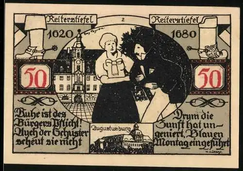 Notgeld Weissenfels, 1921, 50 Pfennig, Motiv mit Reiterschiessen und Stadtwappen