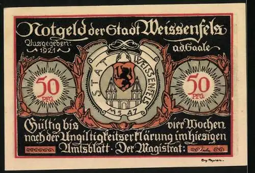 Notgeld Weissenfels, 1921, 50 Pfennig, Motiv mit Reiterschiessen und Stadtwappen