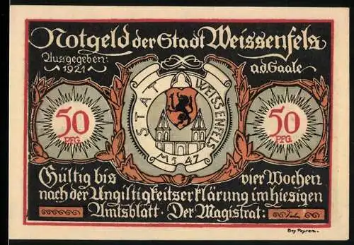 Notgeld Weissenfels 1921, 50 Pfennig, Stadtwappen und Schuhausverkauf Szenen